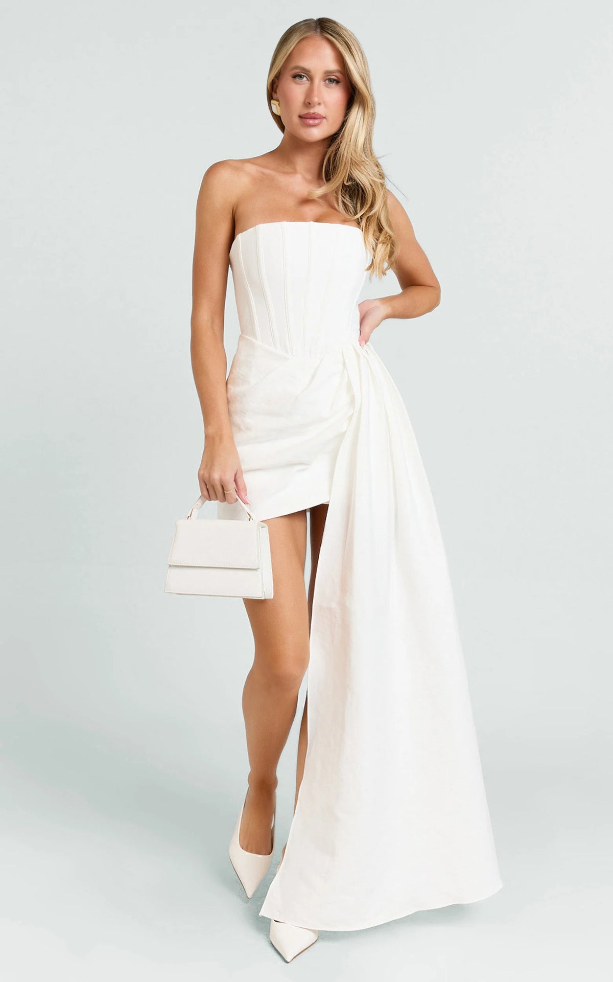 Strapless Corset Bodice Draped Waist Dress in White