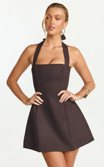 Halter Neck Tie Tulip Skirt Dress in Chocolate