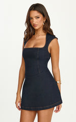 Square Neck A Line Denim Mini Dress in Raw