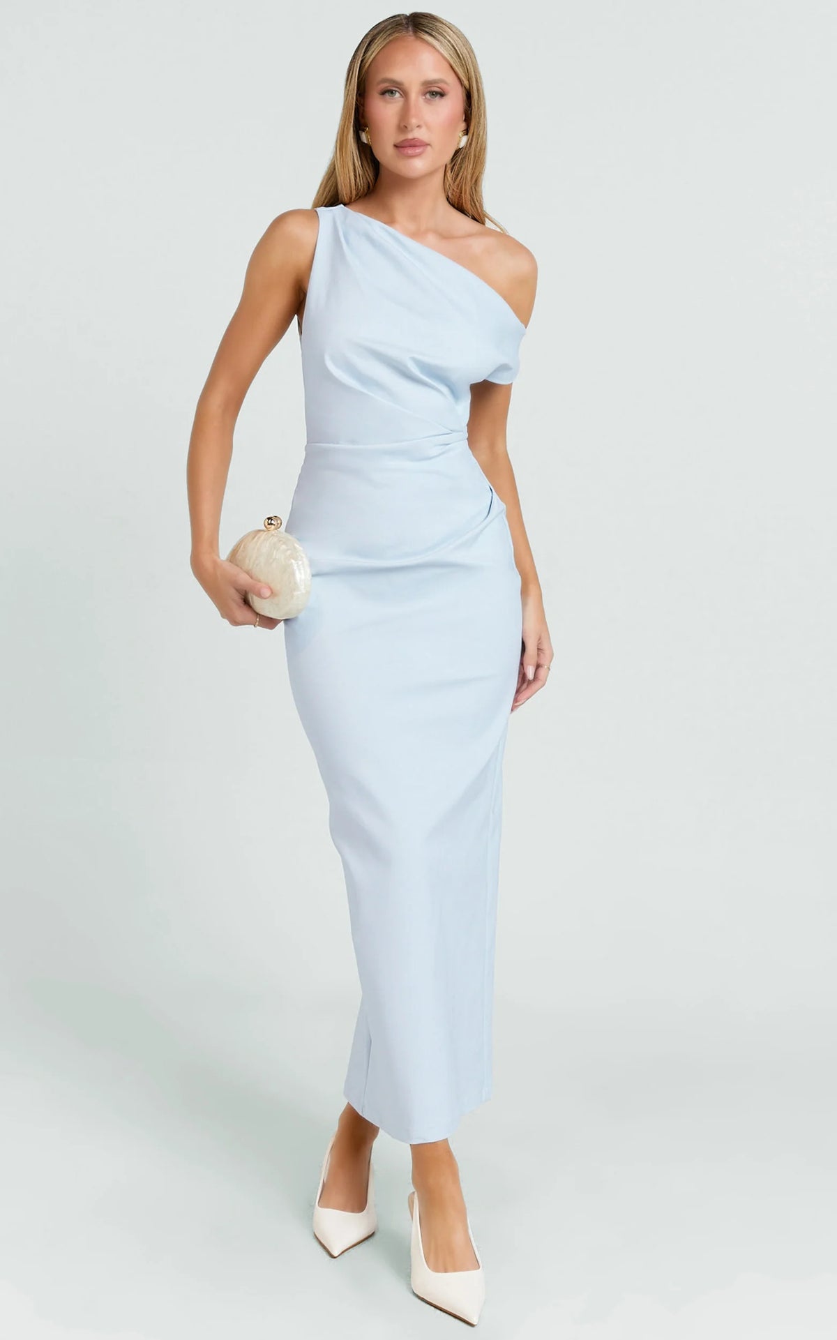 Tip Shoulder Draped Fitted Dress in Blue