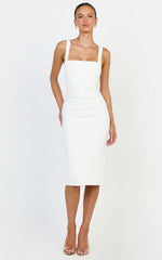 Square Neck Ruched Bodycon Dress in White