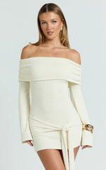Knitted Off Shoulder Tie Waist Mini Dress in Cream