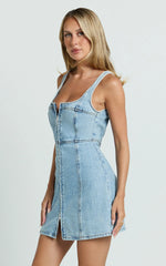 Square Neck Zip Front Sleeveless Bodycon Denim in Light Blue Wash
