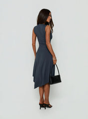 Louisia V Neck Hanky Hem Midi Dress Charcoal
