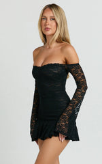Off Shoulder Flared Long Sleeve Stretch Lace Dress in Black