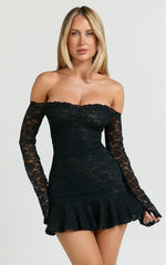 Off Shoulder Flared Long Sleeve Stretch Lace Dress in Black