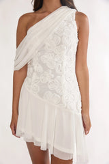 Anaisa One-Shoulder Draped Mini Dress Embellished Off White