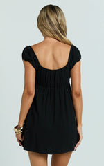 Puff Sleeve Front Tie Babydoll Dress in Black