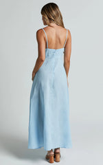 Linen Straight Neck Strappy Fit And Flare Dress in Blue