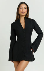 V Neck Long Sleeve Button Front Tulip Skirt Dress in Black