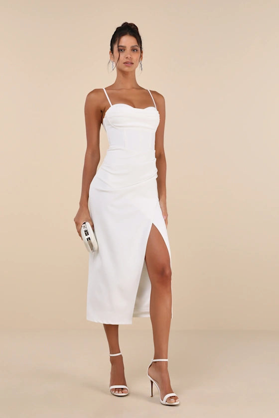 Always Turning Heads White Bustier Tulip Midi Dress