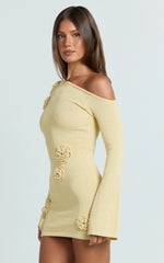 Tipped Shoulder 3D Floral Knit Dress in Lemon