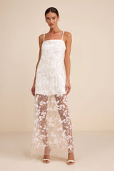 Cassie White Sequin Embroidered Sheer Hem Maxi Dress