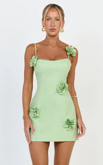 3D Floral Strappy Dress in Apple Green