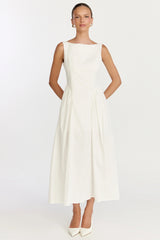 Boat Neck Tie Back Fit And Flare Dress in Off White