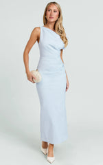 Tip Shoulder Draped Fitted Dress in Blue