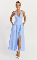 Plunge Fit And Flare Dress in Cornflower Blue