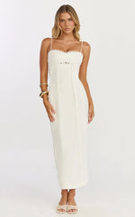 Scallop Edge Front Split Column Dress in Off White