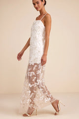 Cassie White Sequin Embroidered Sheer Hem Maxi Dress