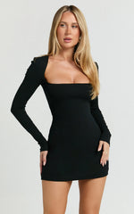 Square Neck Long Sleeve Bodycon Dress in Black