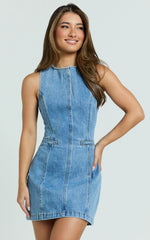 High Neck Fitted Denim Dress in Mid Blue Wash