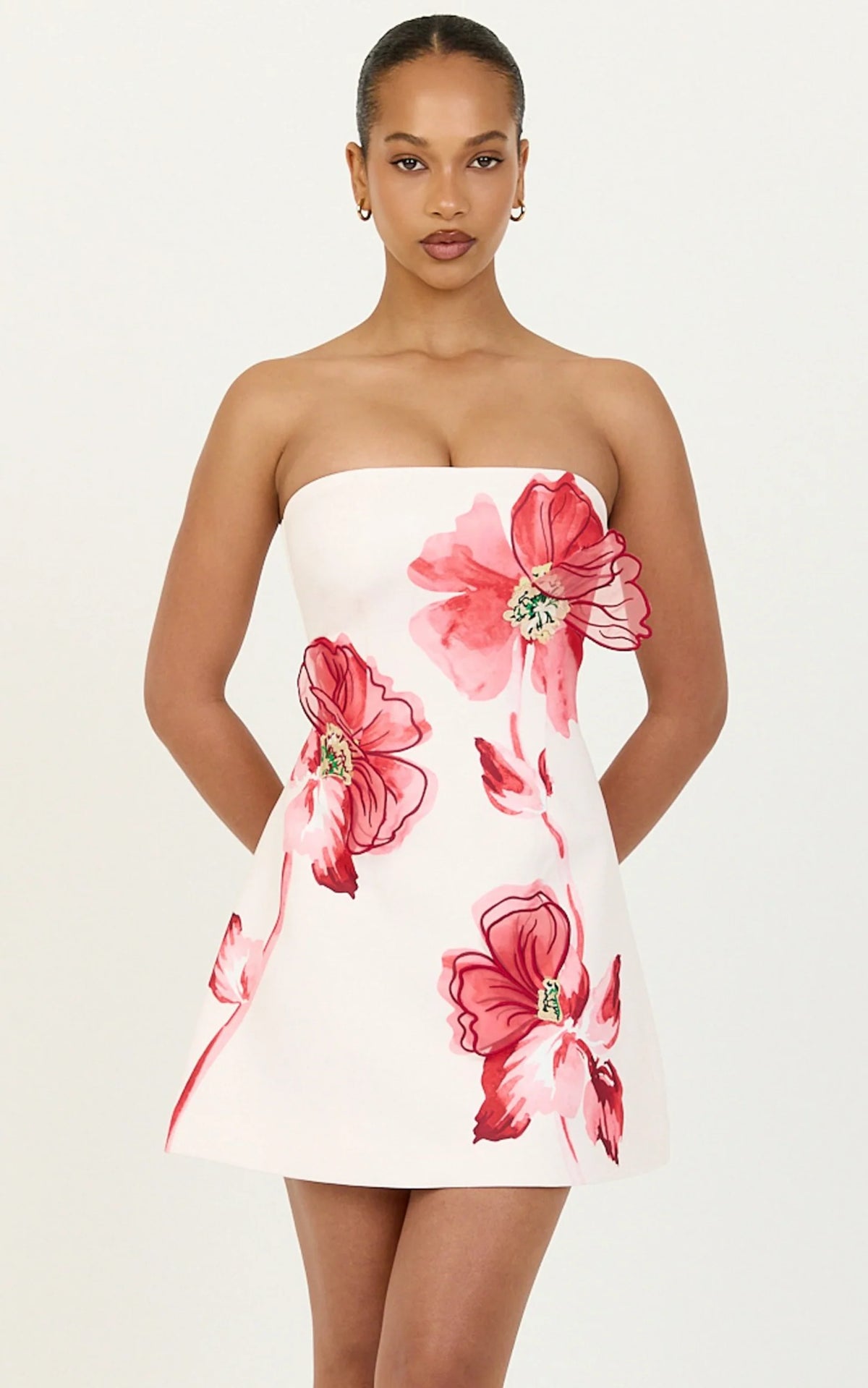 Strapless Floral Print Embroidered Dress in Water Colour Poppy Print