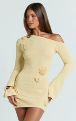 Tipped Shoulder 3D Floral Knit Dress in Lemon