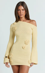 Tipped Shoulder 3D Floral Knit Dress in Lemon