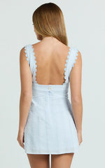 Square Neck Lace Trim A Line Mini Dress in Blue
