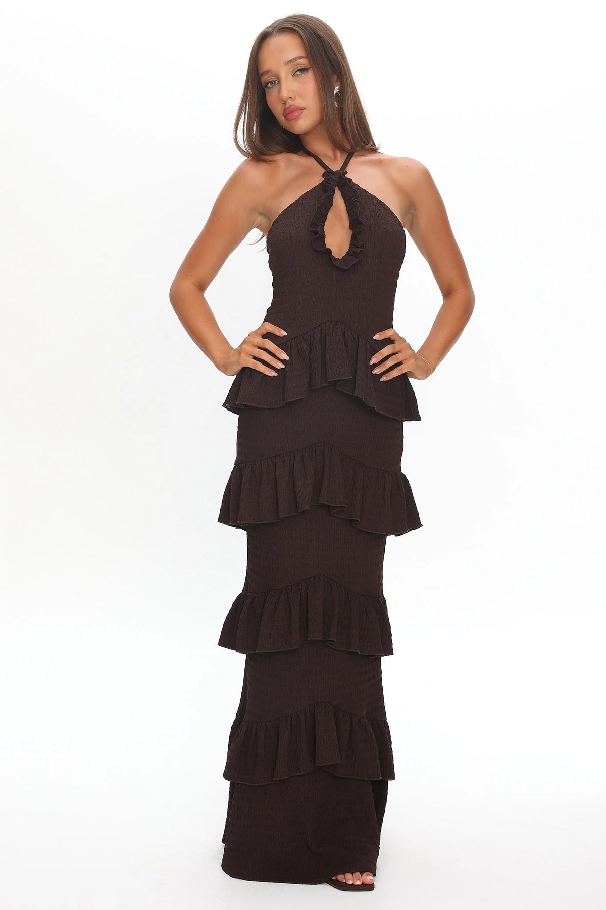 Dulce Dreams Halterneck Frill Maxi Dress Chocolate