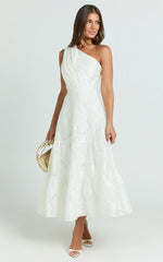 One Shoulder Pleated Tiered Dress in White