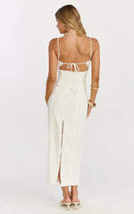Scallop Edge Front Split Column Dress in Off White