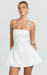 Button Down Ruched Front Fit And Flare Dress in Off White