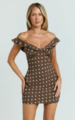 Ruffle Sleeve A Line Dress in Chocolate Polka Dot