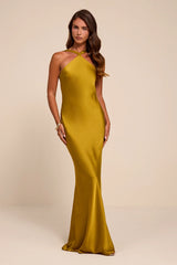 Sienna Chartreuse Satin Backless Maxi Dress