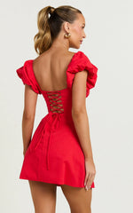 Square Neck Ruched Bodice Puff Sleeve Straight Dress in Red