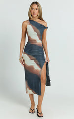 One Shoulder Mesh Dress in Rust Print