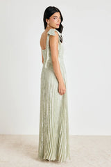 Cahlia Sage Floral Burnout Pleated Maxi Dress