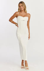 Scallop Edge Front Split Column Dress in Off White