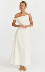 Off The Shoulder Hardware Detail A Line Dress in White