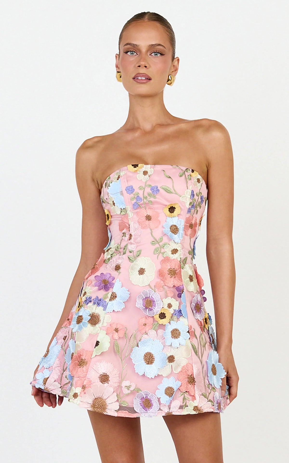 Strapless 3D Floral Fit And Flare Dress in Multi