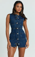 Scoop Neck Pocket Detail Recycled Denim Dress in Indigo Wash