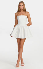 Ruched Bust Fit And Flare Strapless Corset Bodice Dress With Lace Up Back in White
