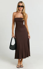 Strapless Drop Waist Pleated Knit Dress in Chocolate
