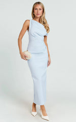 Tip Shoulder Draped Fitted Dress in Blue