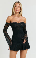 Off Shoulder Flared Long Sleeve Stretch Lace Dress in Black